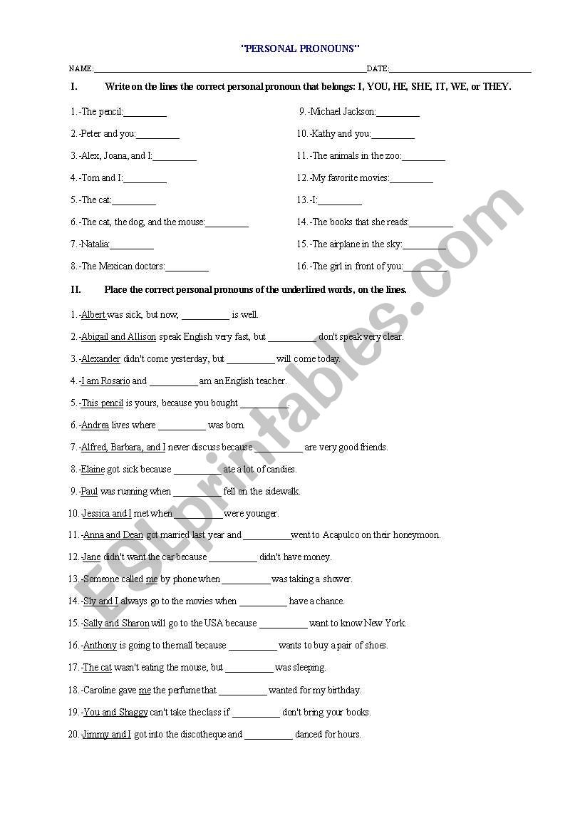 personal pronouns worksheet