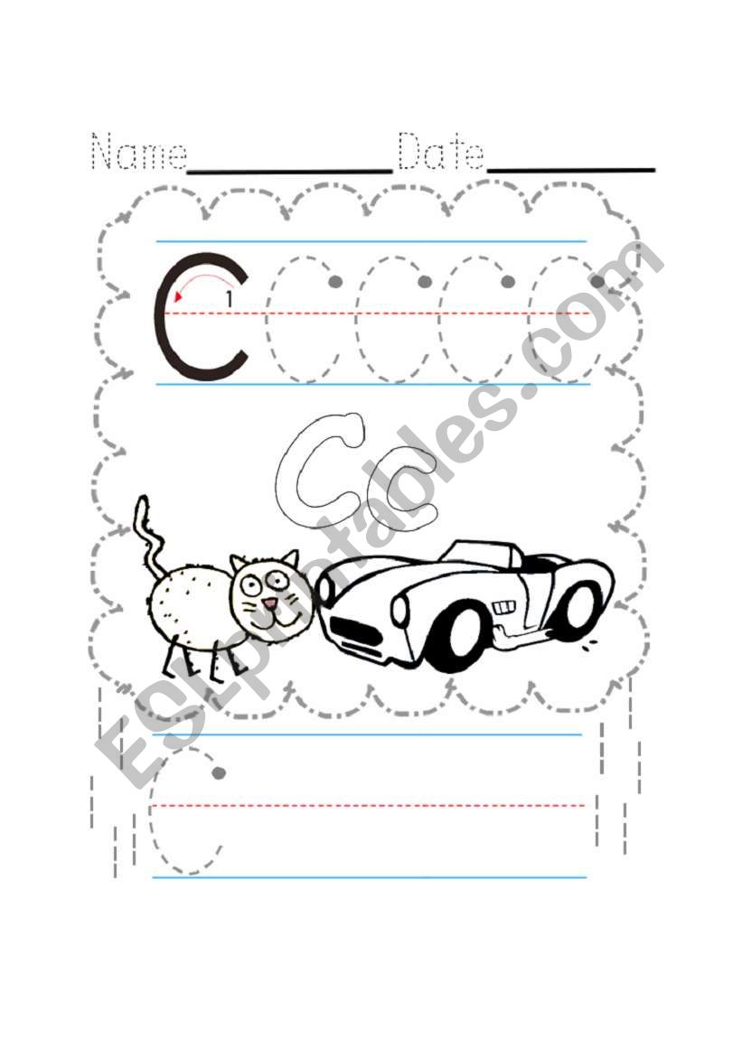 C writing.  Cat and car. worksheet