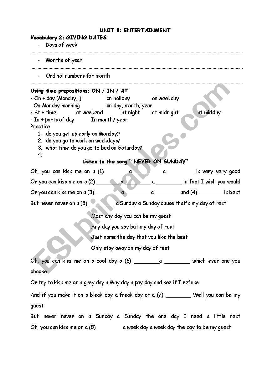 dates worksheet