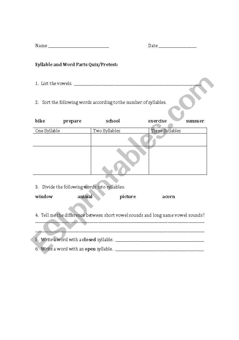 Syllables/Decoding Pretest worksheet