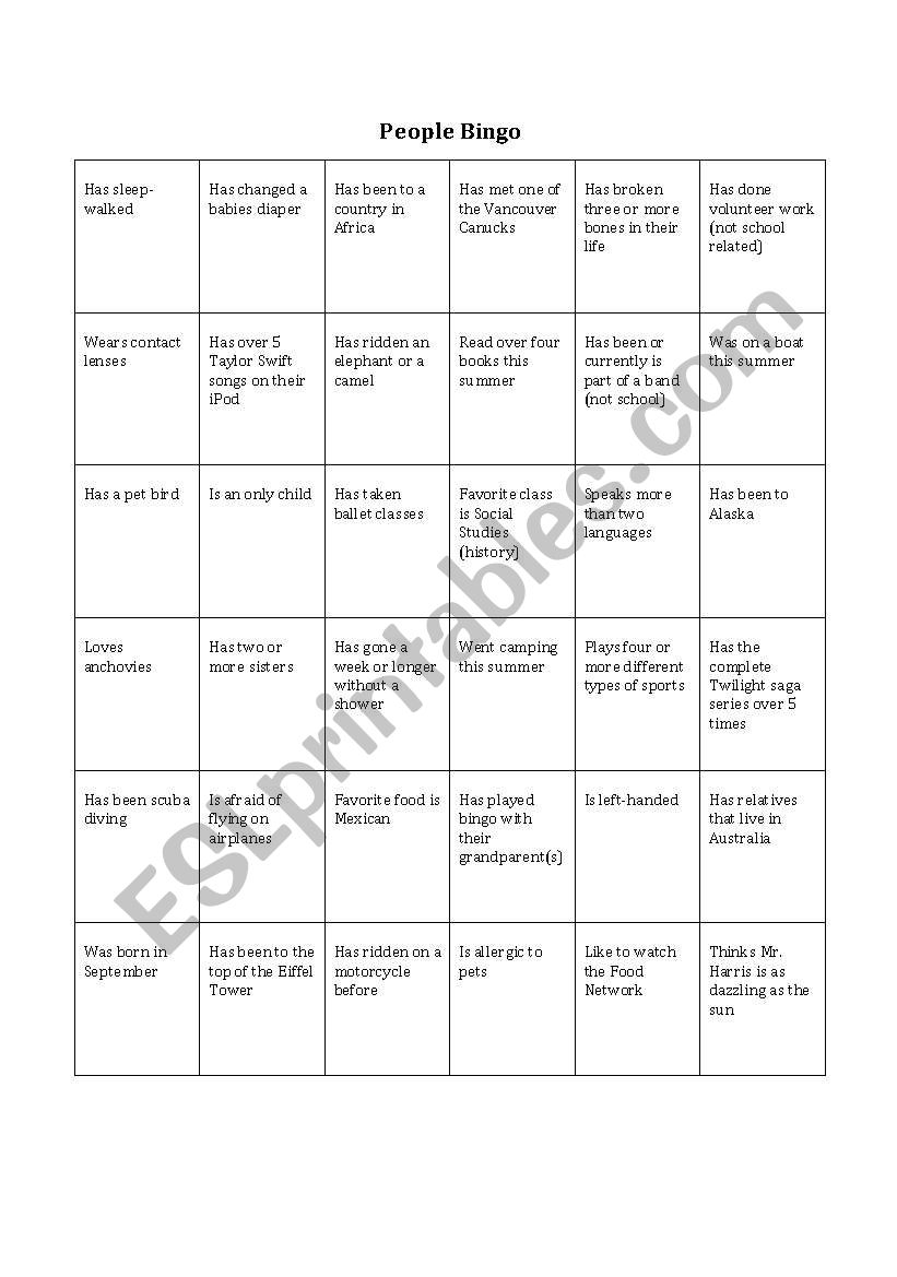 People Bingo worksheet