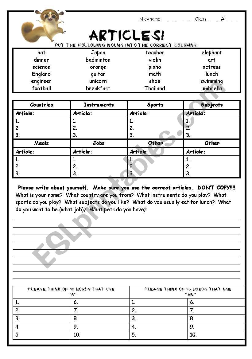 Articles worksheet