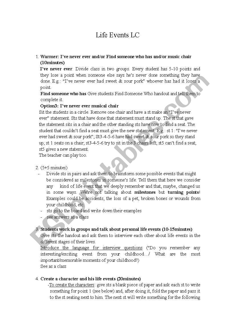 life events worksheet