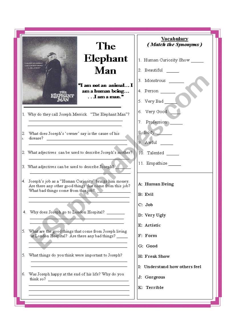 The Elephant Man - The Movie worksheet