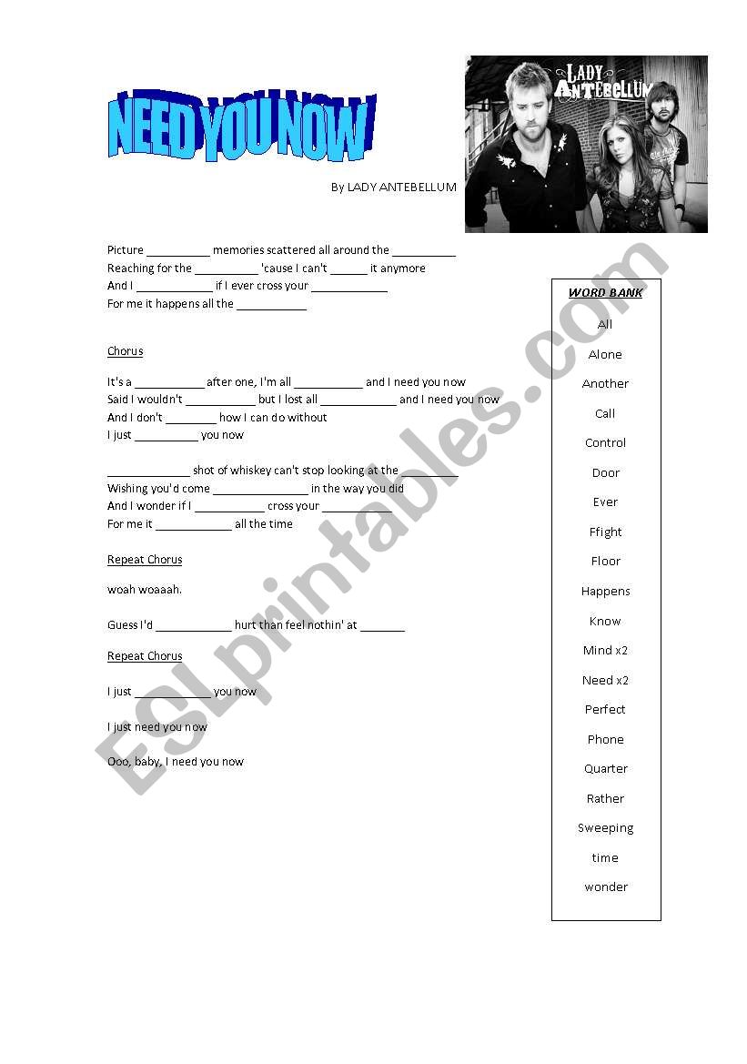 Need you Now worksheet