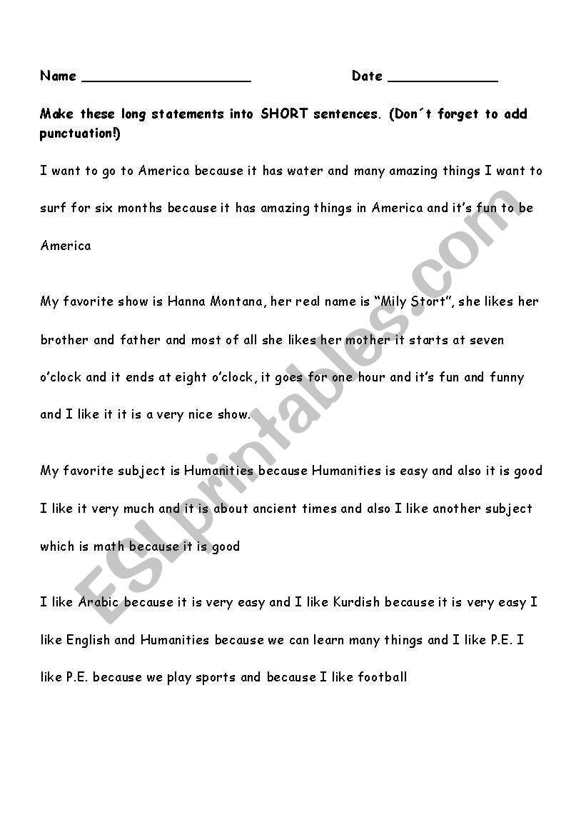 Short sentences worksheet