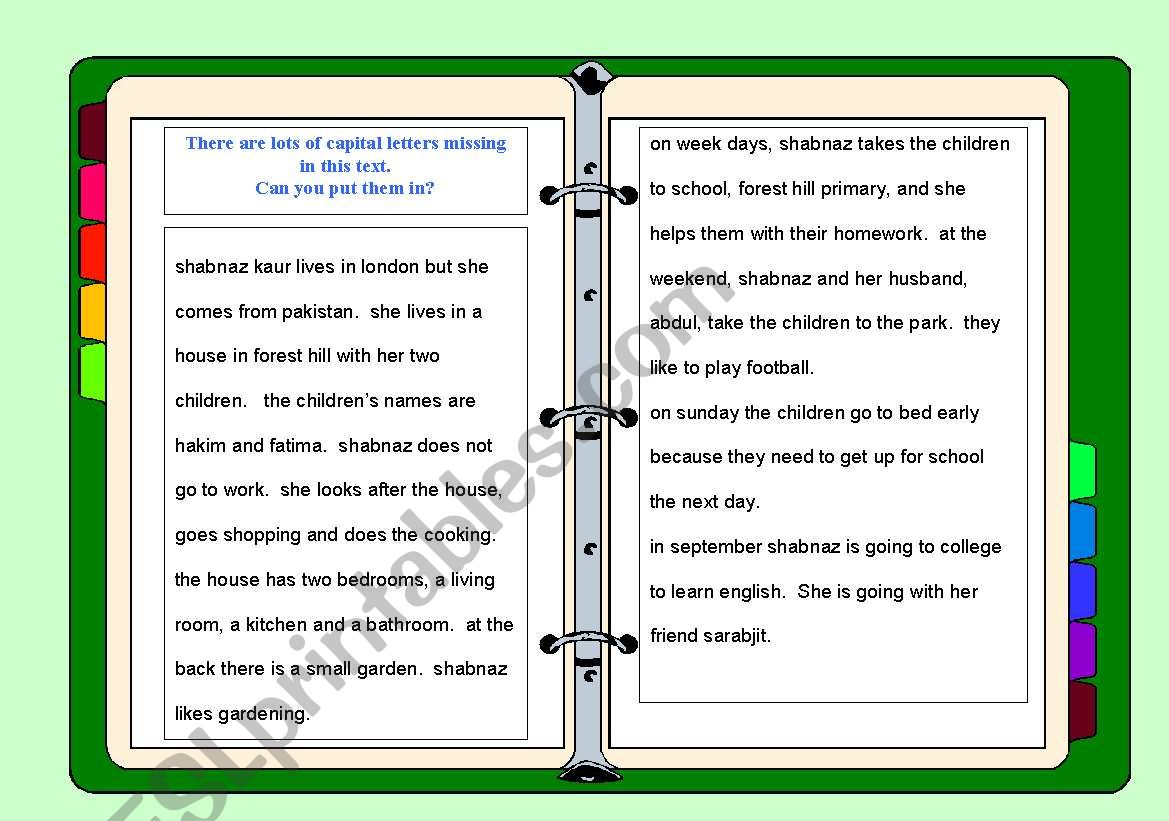 Capital letters, questions and gap-fill worksheets