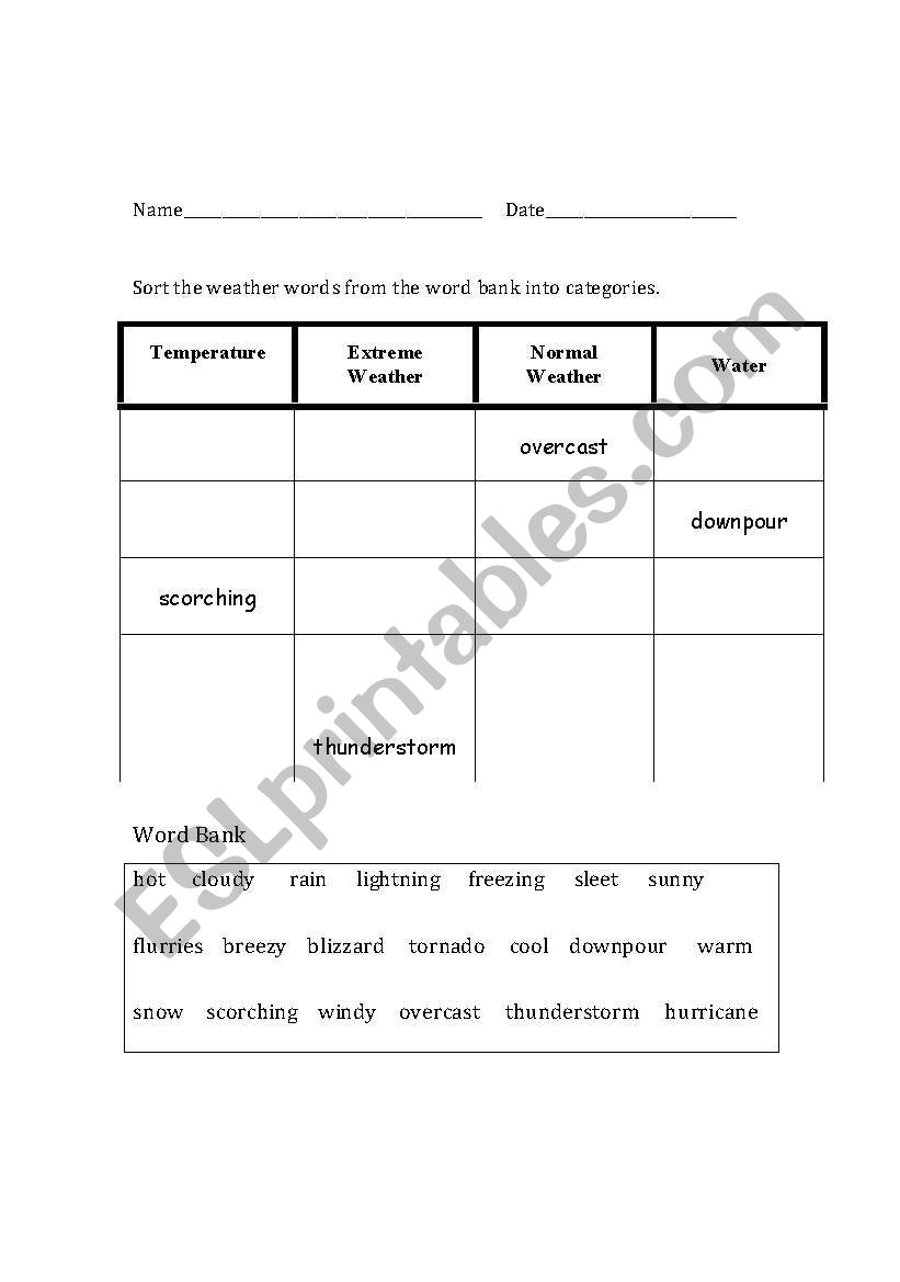 Weather Word Sort worksheet