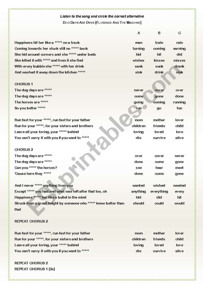 Song activity – Dog days are over – Florence and The Machine Song activity – Dog days are over – Florence and The Machine