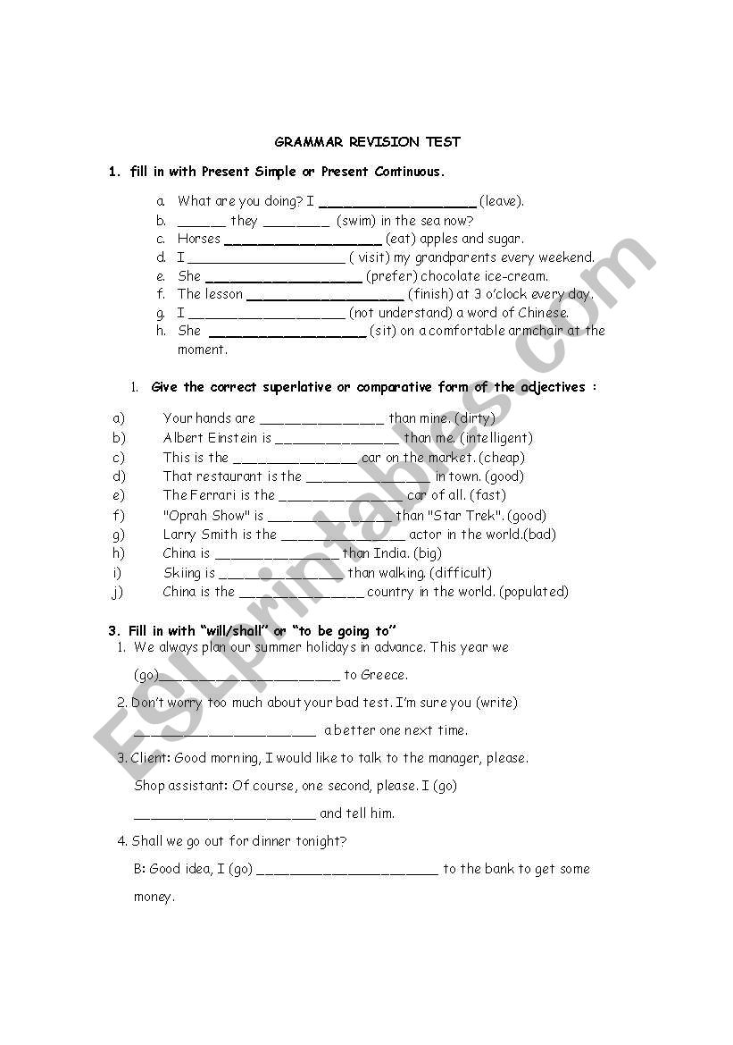 Grammar revision test worksheet