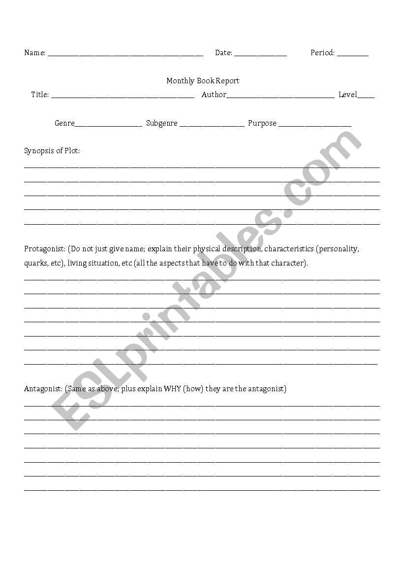 Book Report Format worksheet