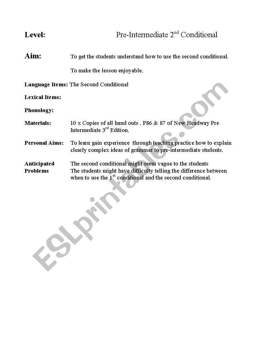 2nd Conditional Lesson Plan worksheet
