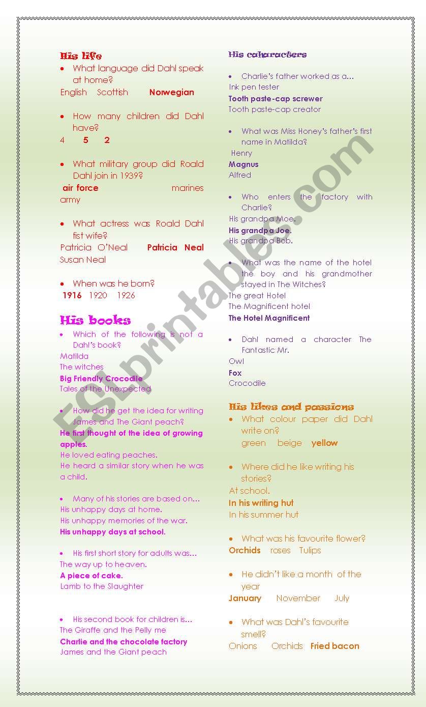 Roald Dahl  Quiz worksheet