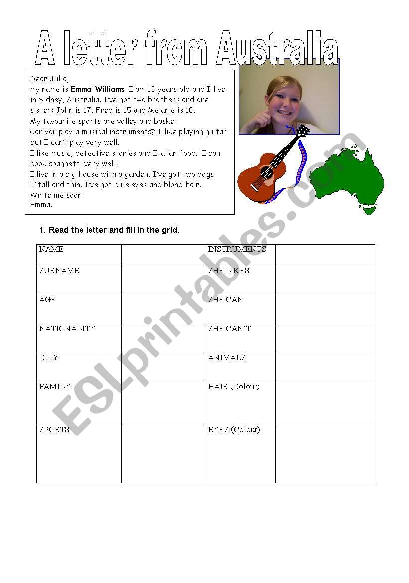 A letter from Australia worksheet