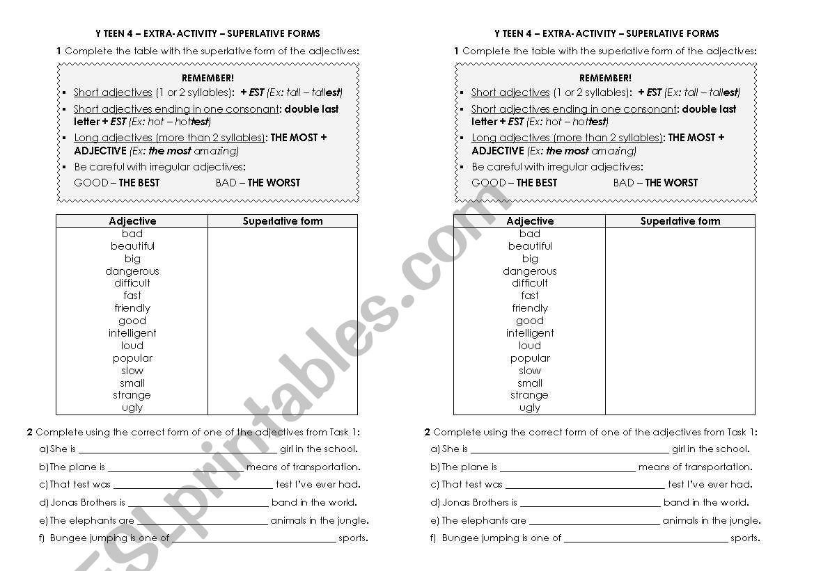 Superlative worksheet