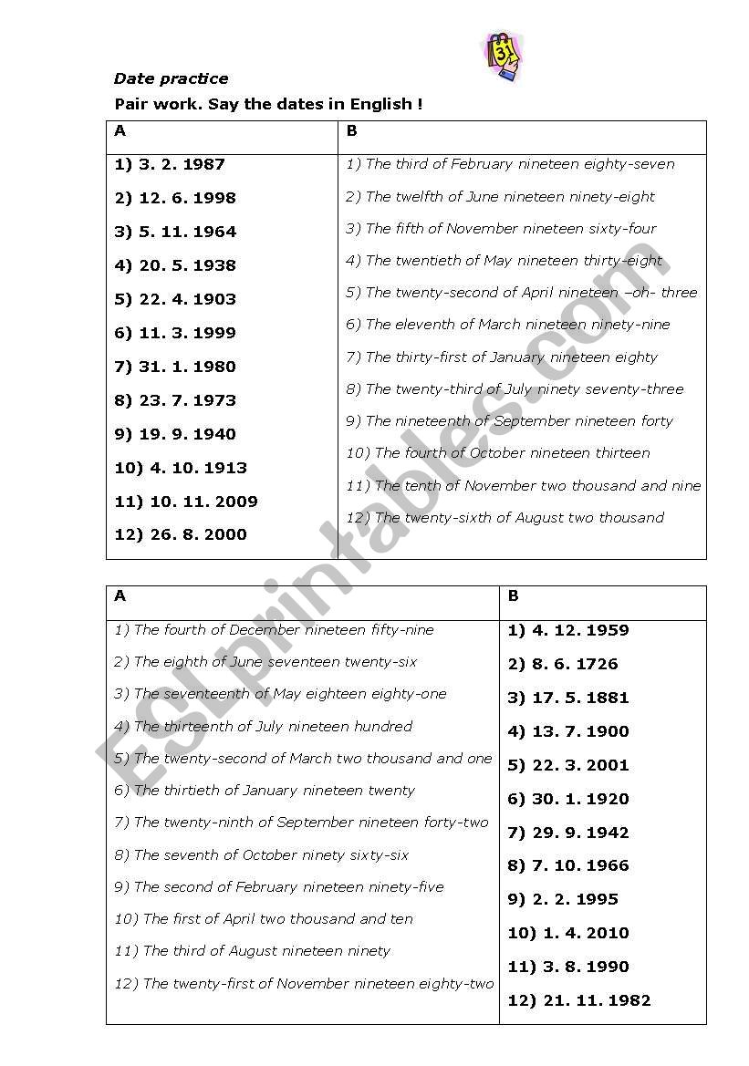 pair work about dates worksheet