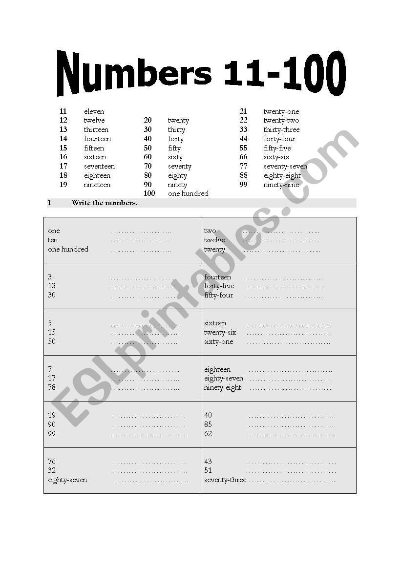 numbers worksheet