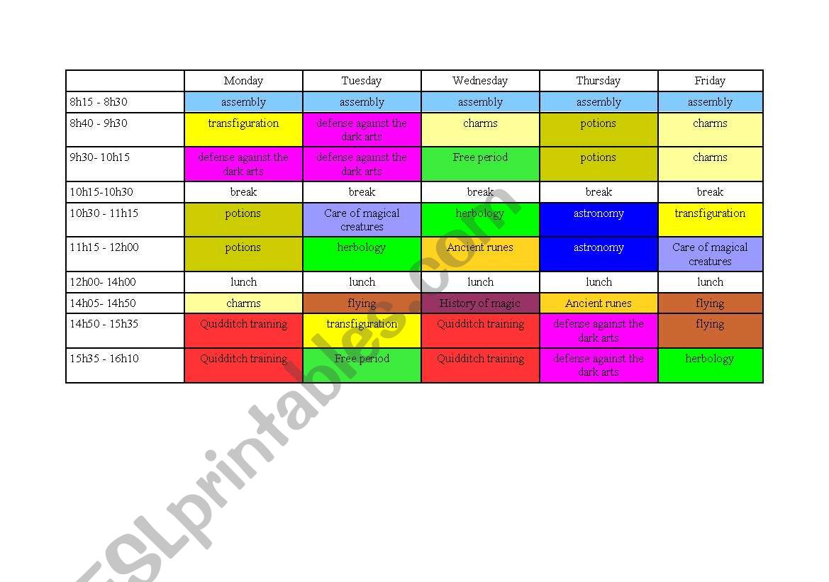 Harry Potters timetable practise speaking