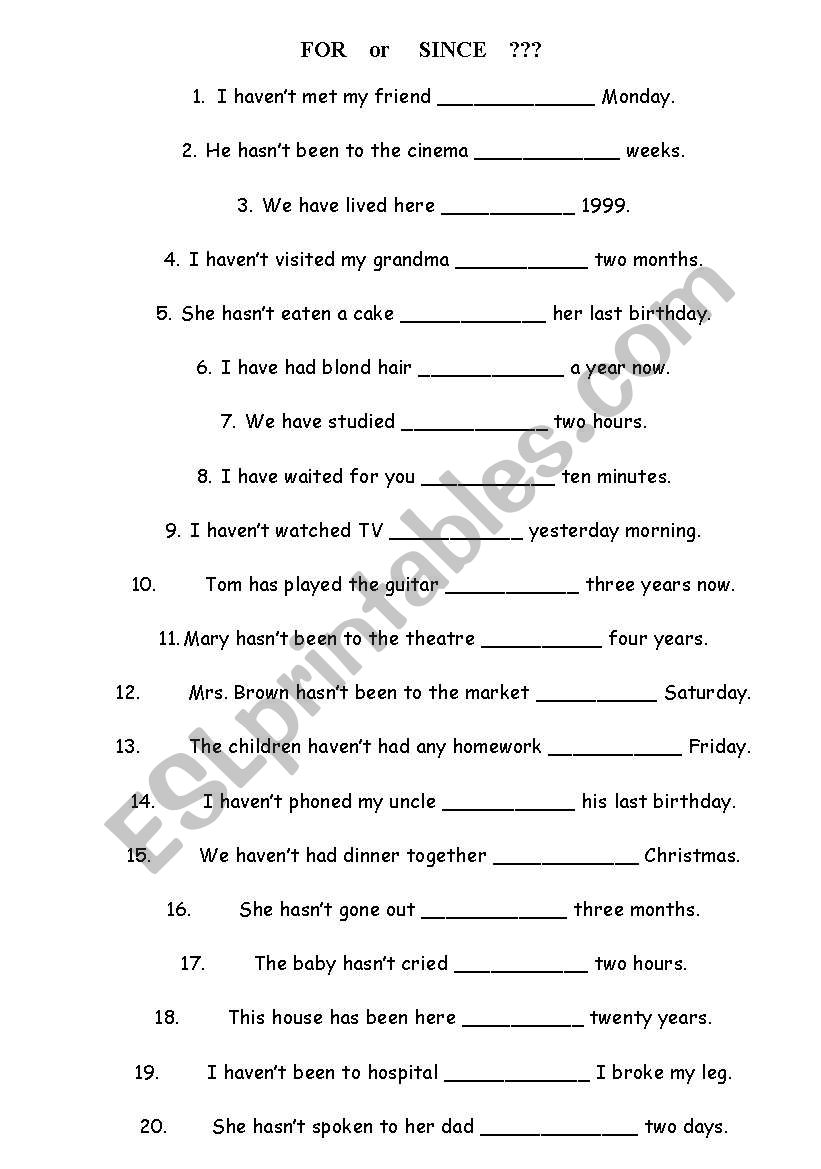 present perfect for or since worksheet