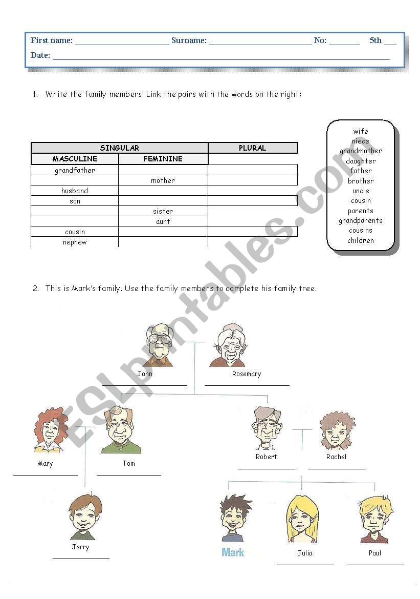 Family relationships worksheet