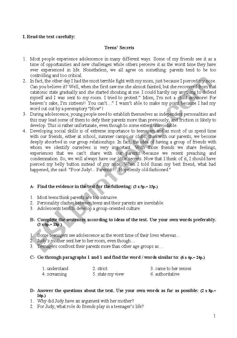 Teens secrets worksheet