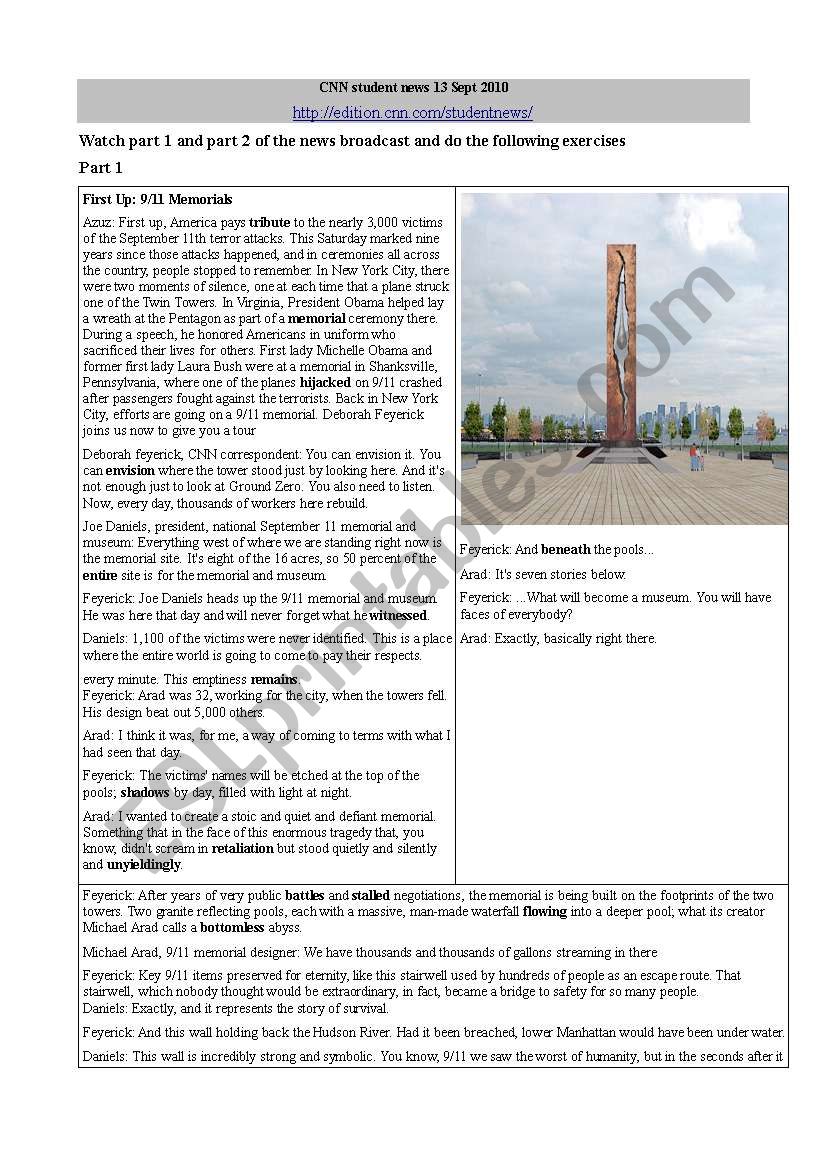 CNN student News 20th Sept 20 (part 20) - ESL worksheet by leacampana Within Cnn Students News Worksheet