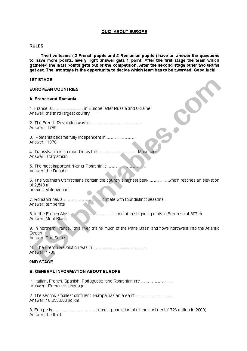 Quiz About Europe worksheet