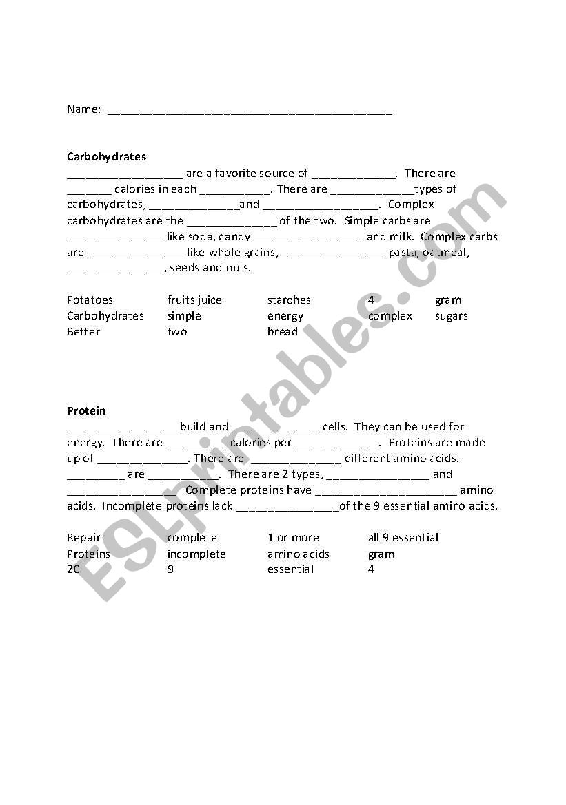 Carbohydrates, fats, protein worksheet