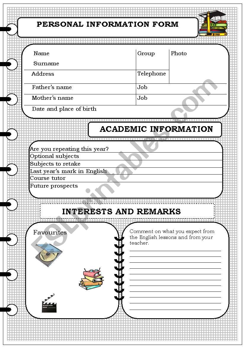 Personal Information Form worksheet