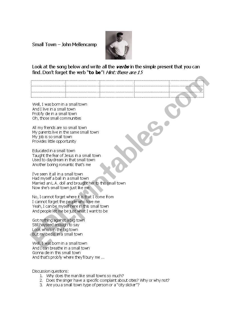 Small Town - John Mellencamp worksheet