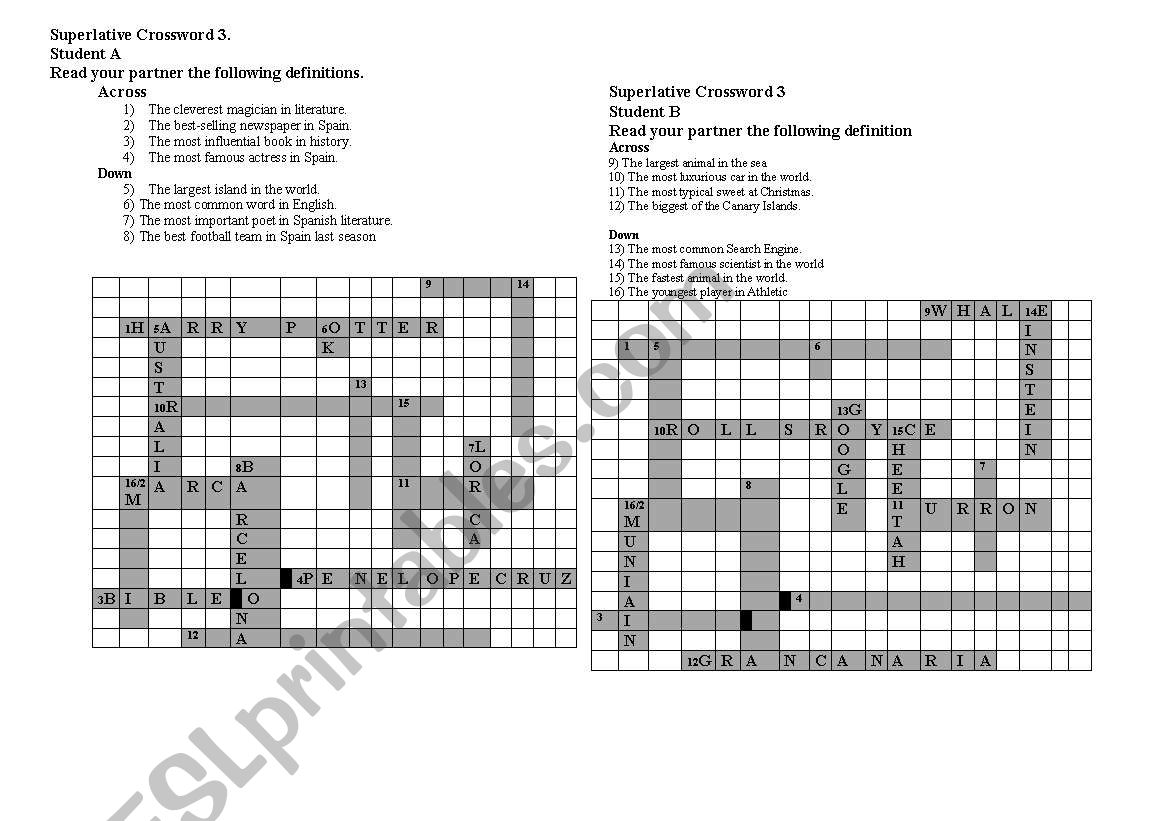 Superlative crossword for speaking practice