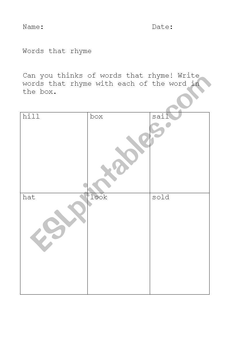 Words that rhyme worksheet