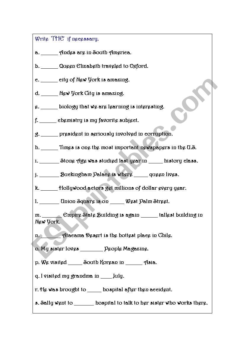 Write THE if necessary worksheet