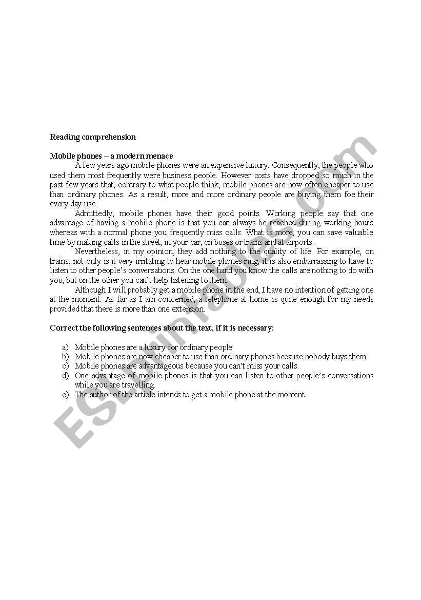 READING COMPREHENSION worksheet