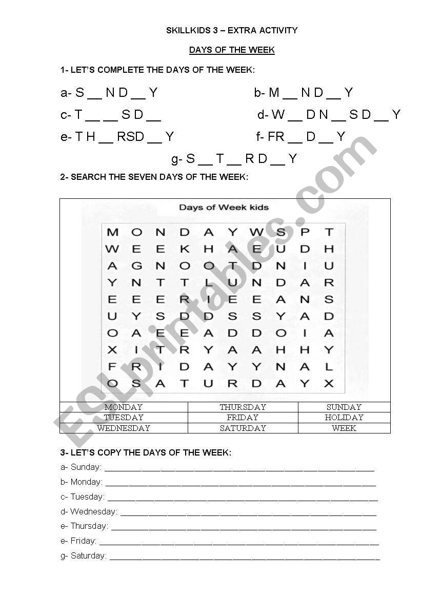 days of the week worksheet