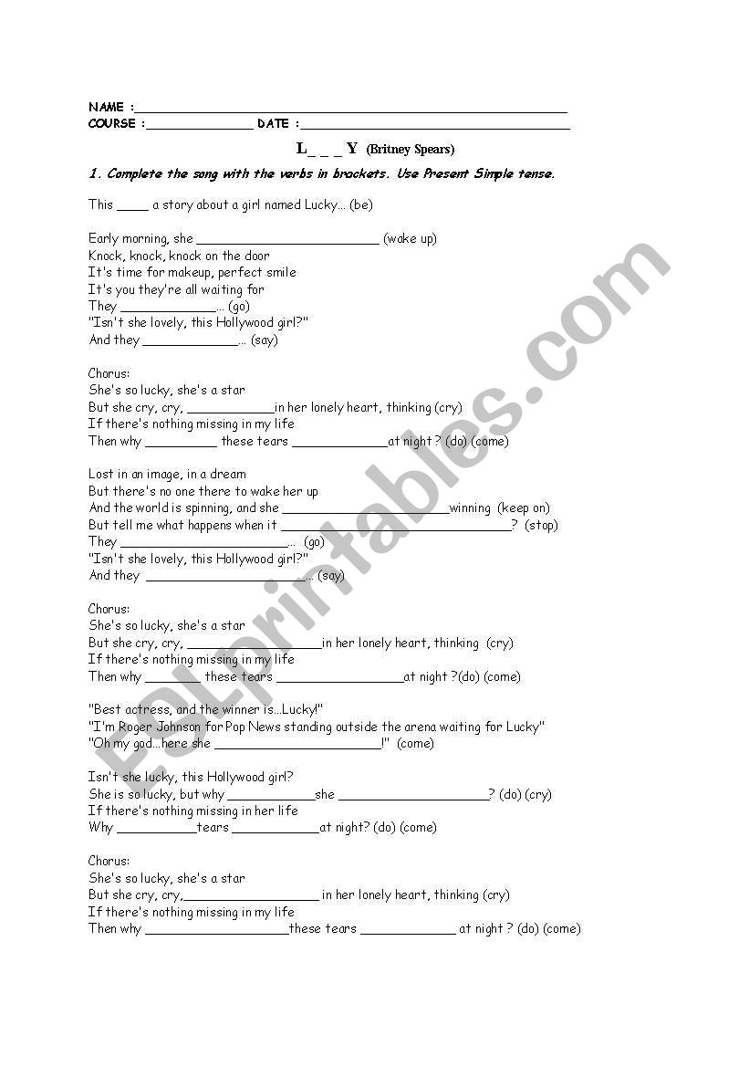 Lucky song worksheet