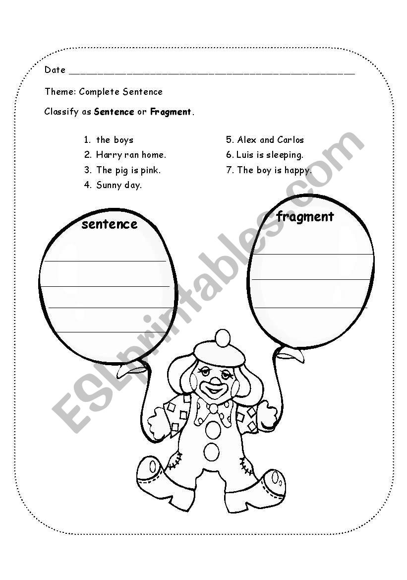 sentence fragment clown worksheet