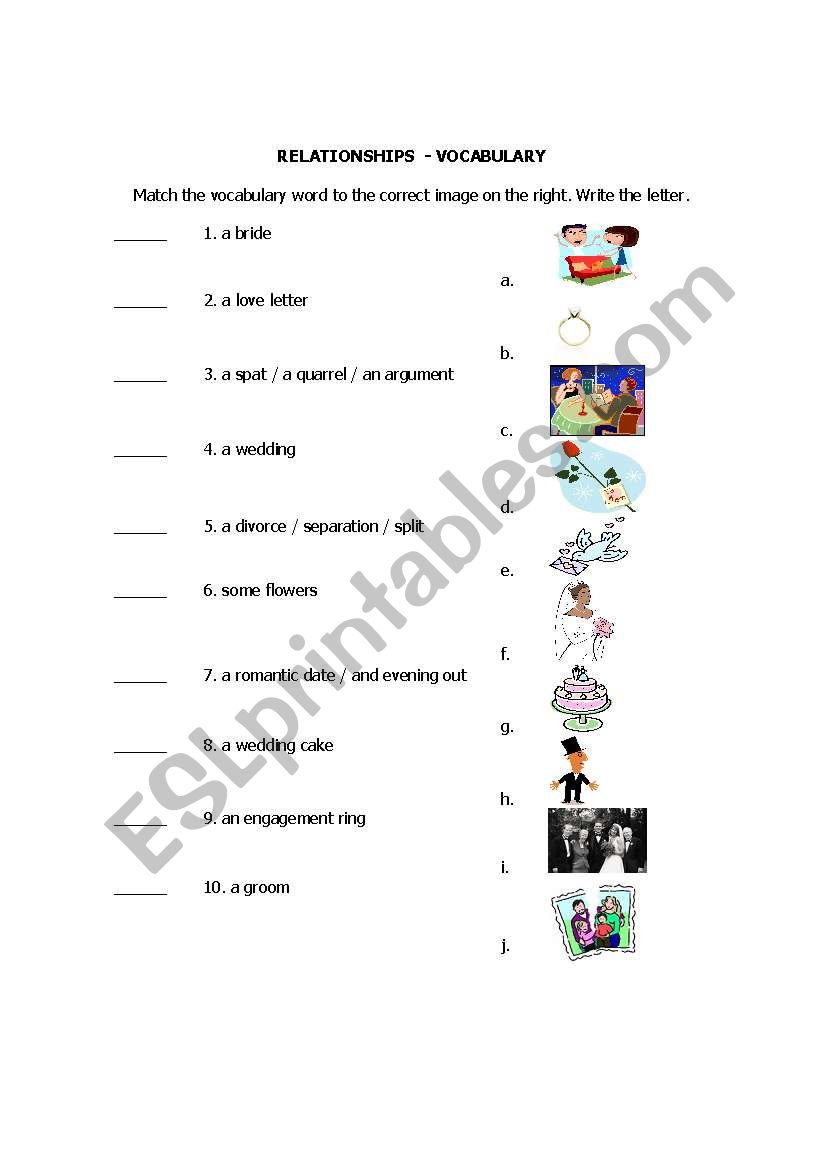 Relationships - vocabulary worksheet