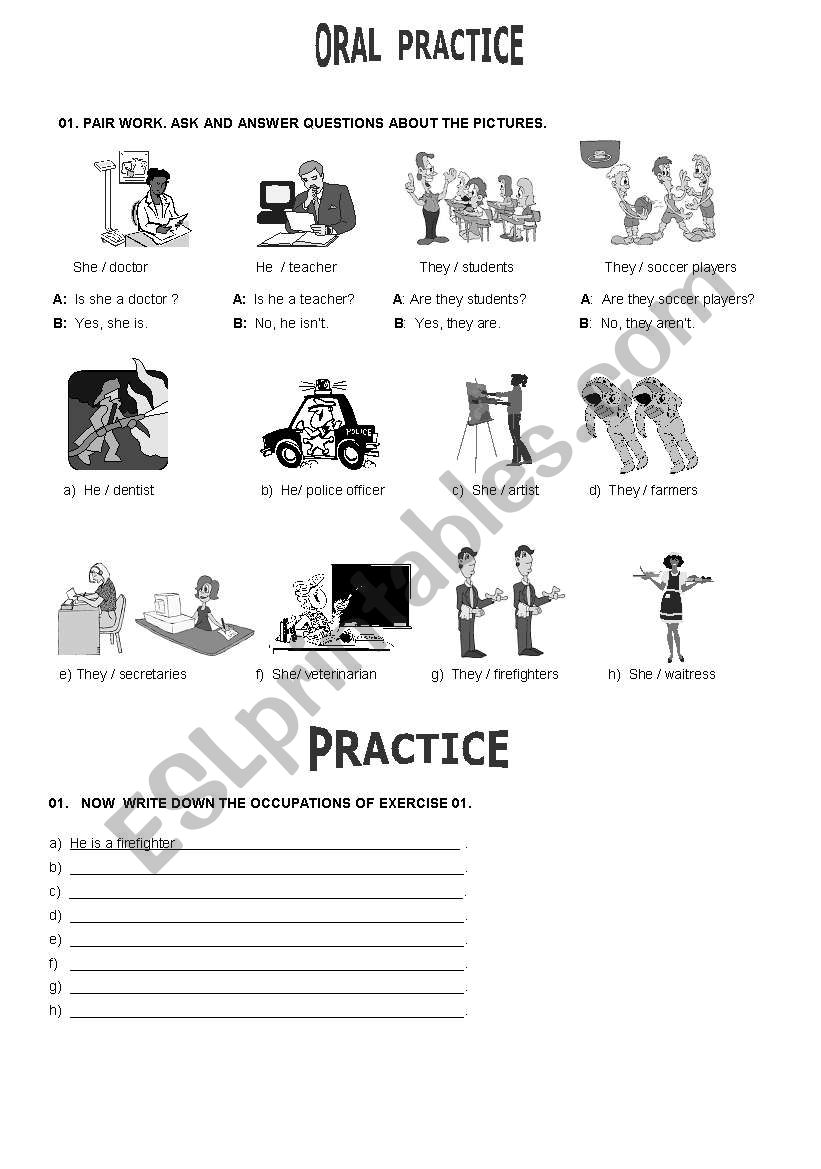 Oral practice on professions worksheet