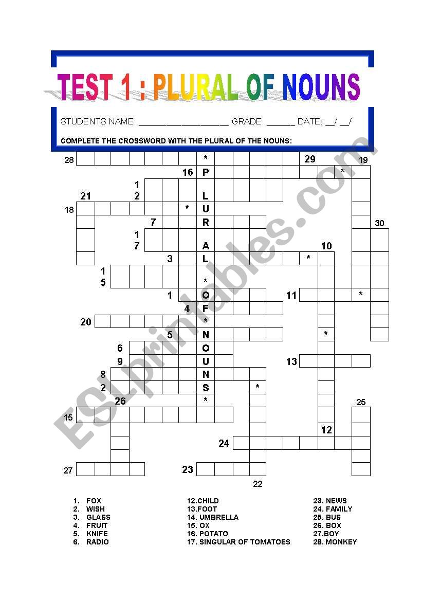 TEST 1: PLURAL OF NOUNS CROSSWORD