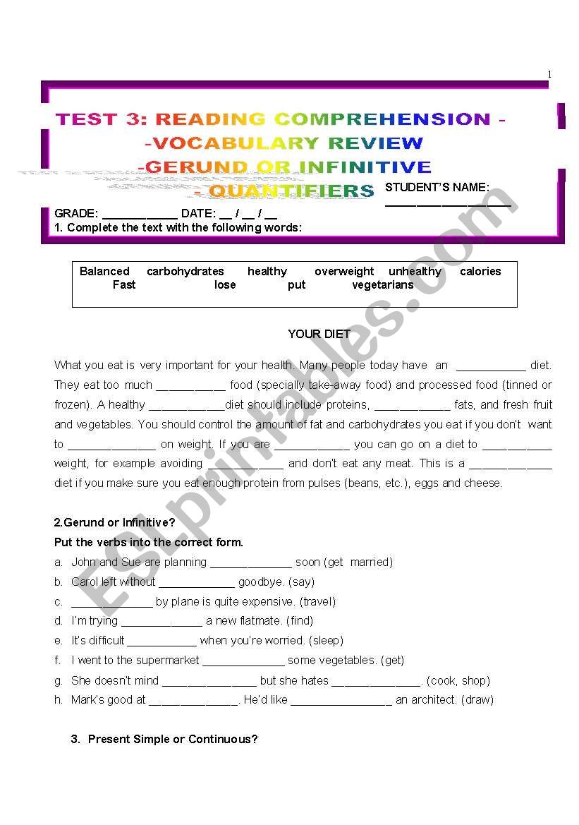 TEST 3: READING COMPREHENSION worksheet