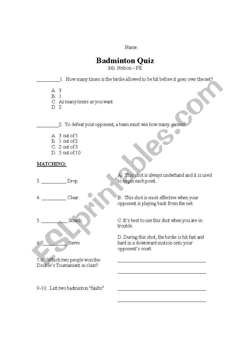 Badminton  worksheet