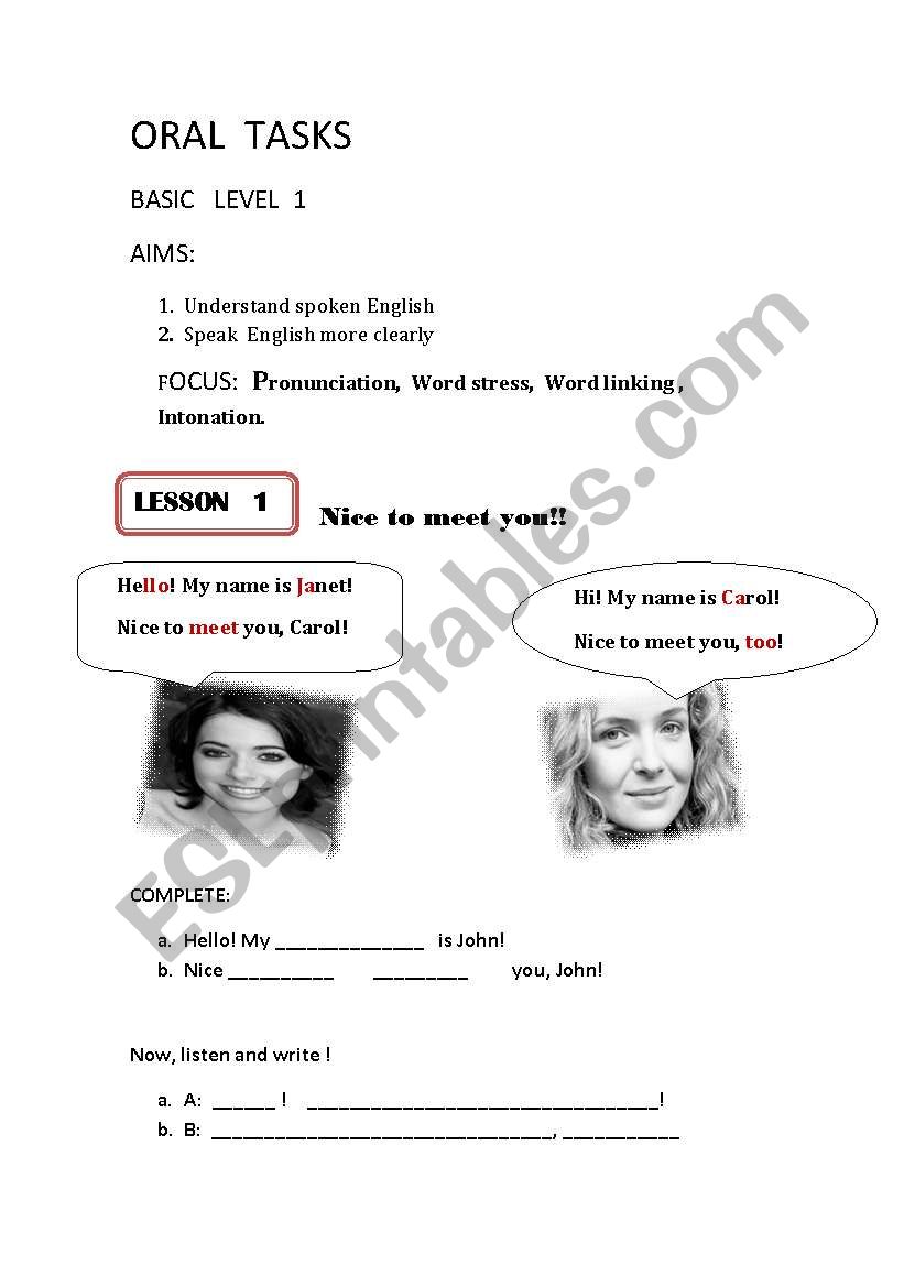 Oral tasks for beginners worksheet