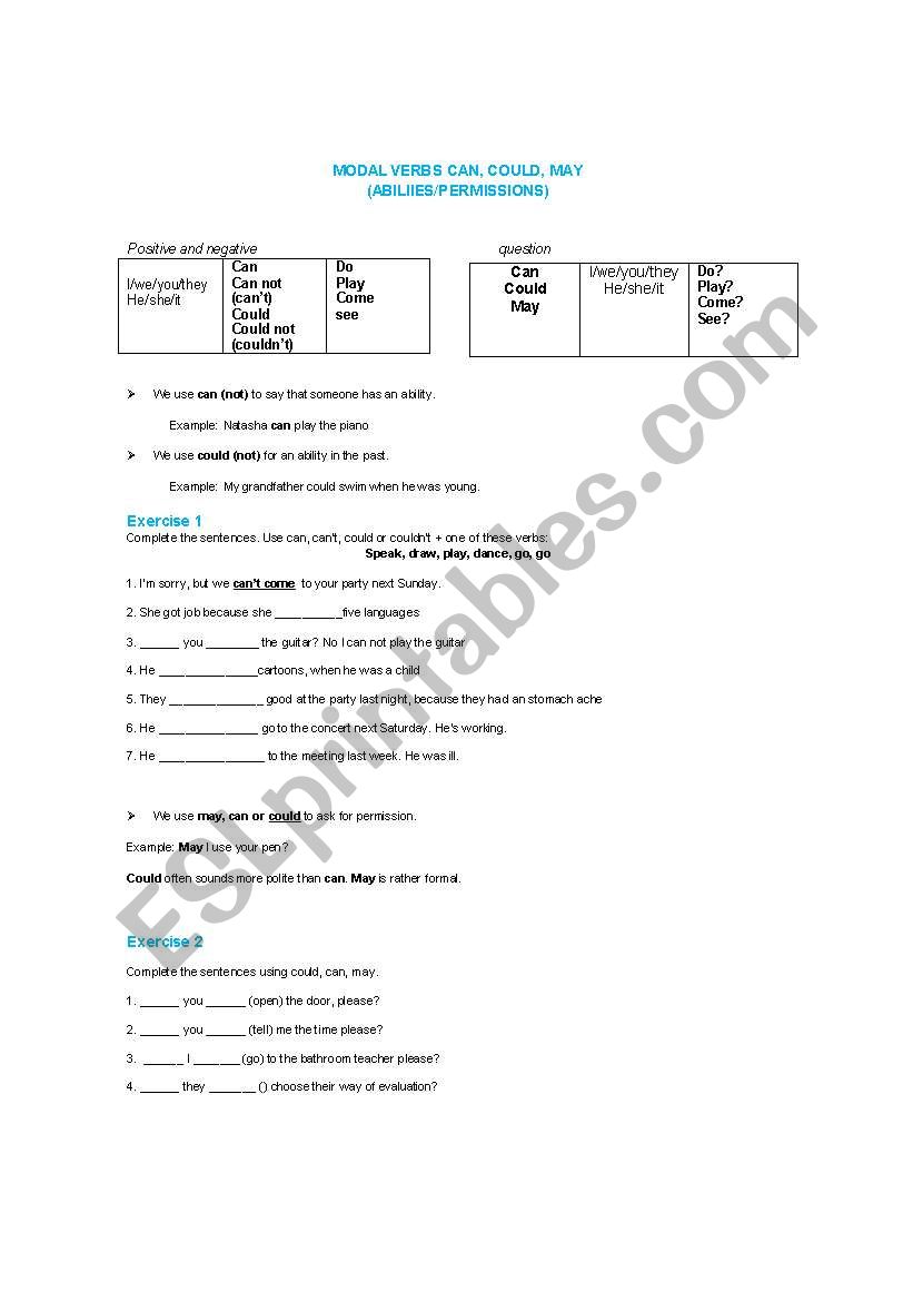Modal Verbs (Can/Could/May) worksheet