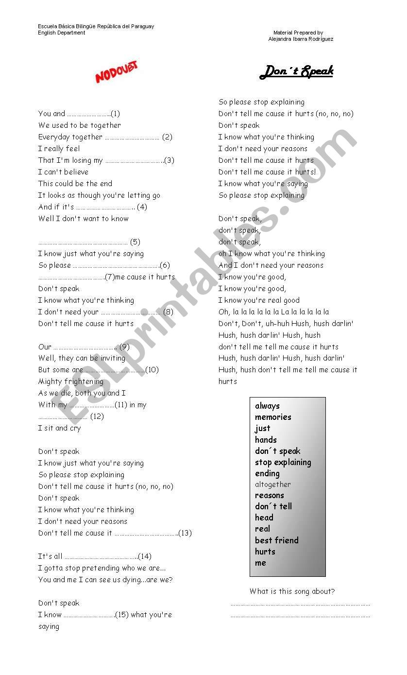 dont speak - sing along worksheet