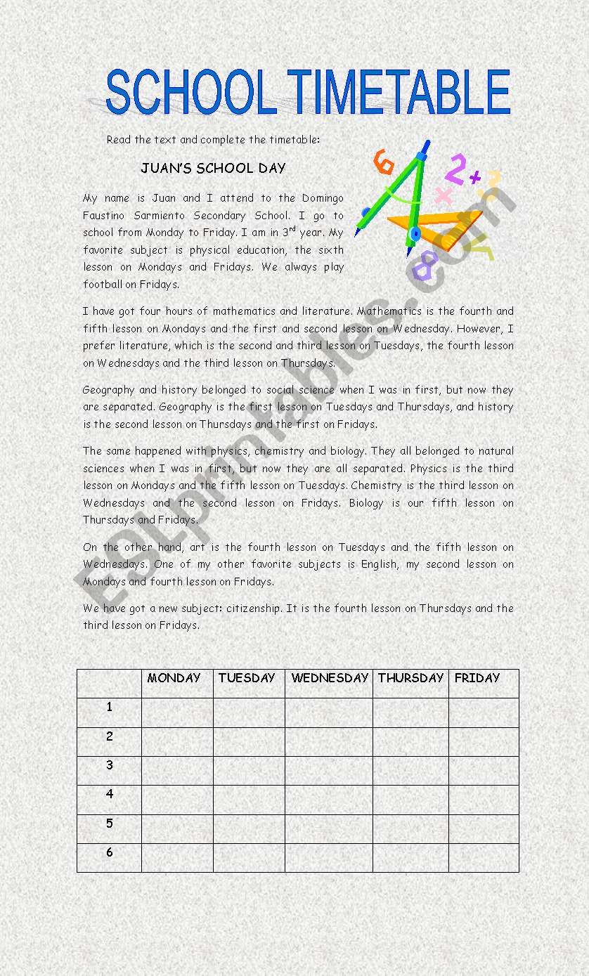 School timetable worksheet