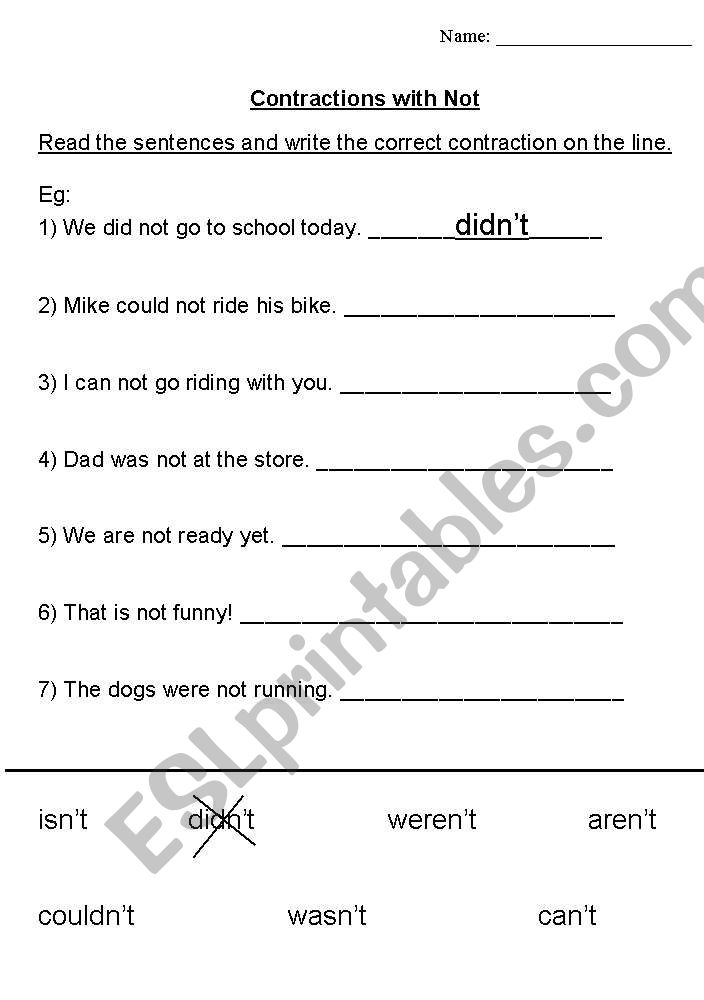 Contractions with Not worksheet