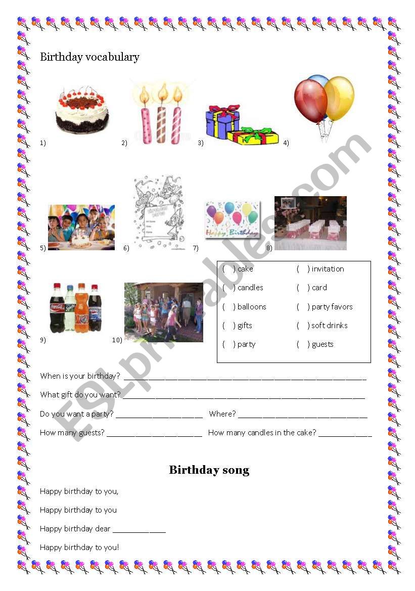 Birthday Vocabulary worksheet