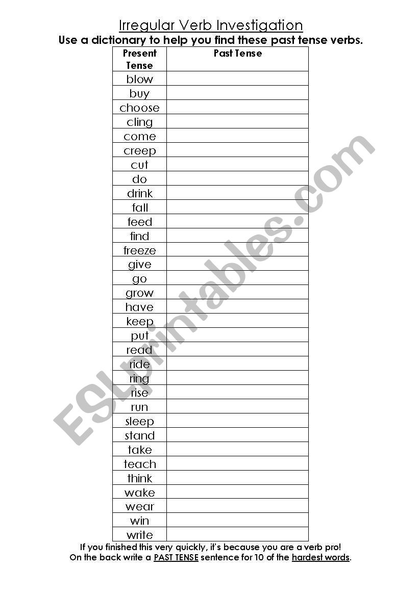Irregular Verb Investigation worksheet