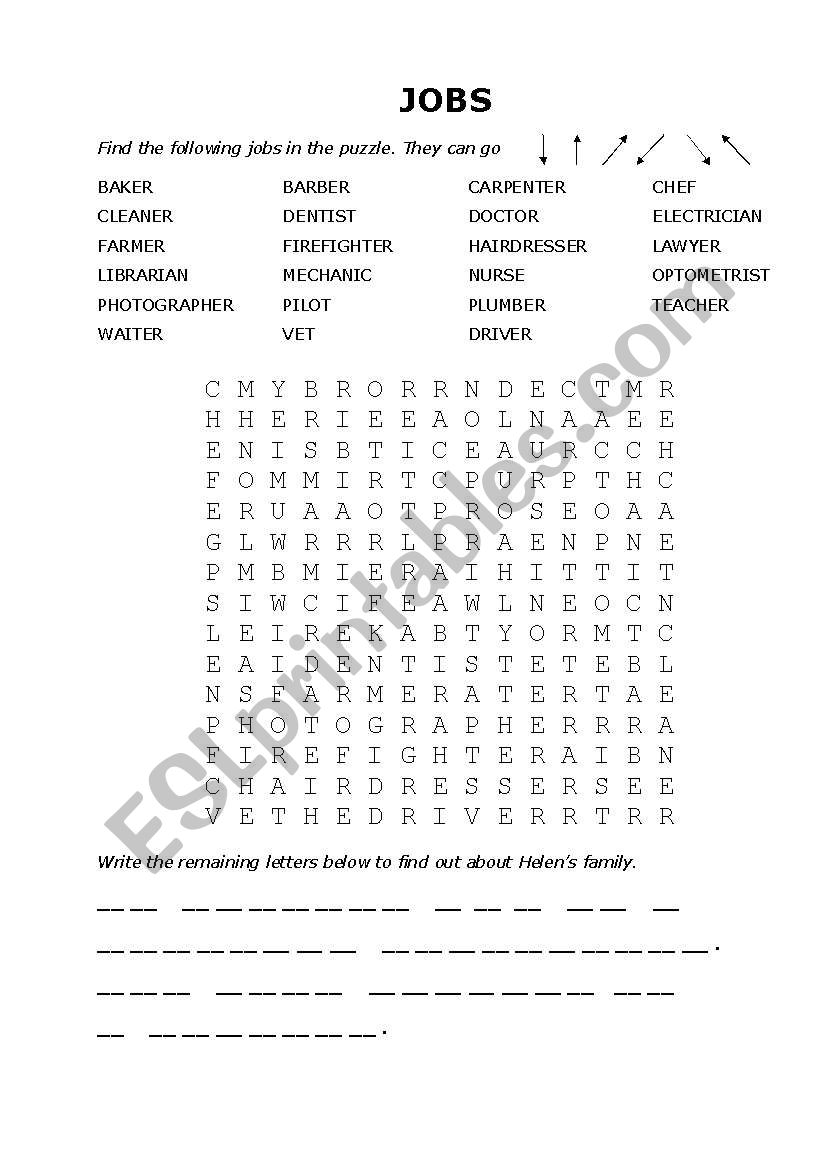 Jobs Wordfind worksheet